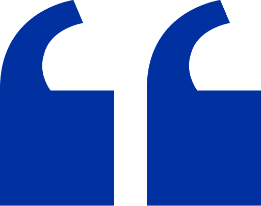 Blue quotation mark symbol on white background.